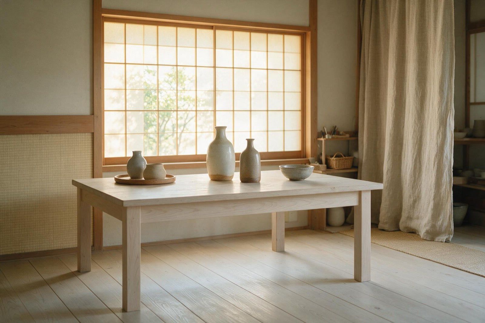 A quiet Japanese workshop: a pale wood bench beneath a shoji window