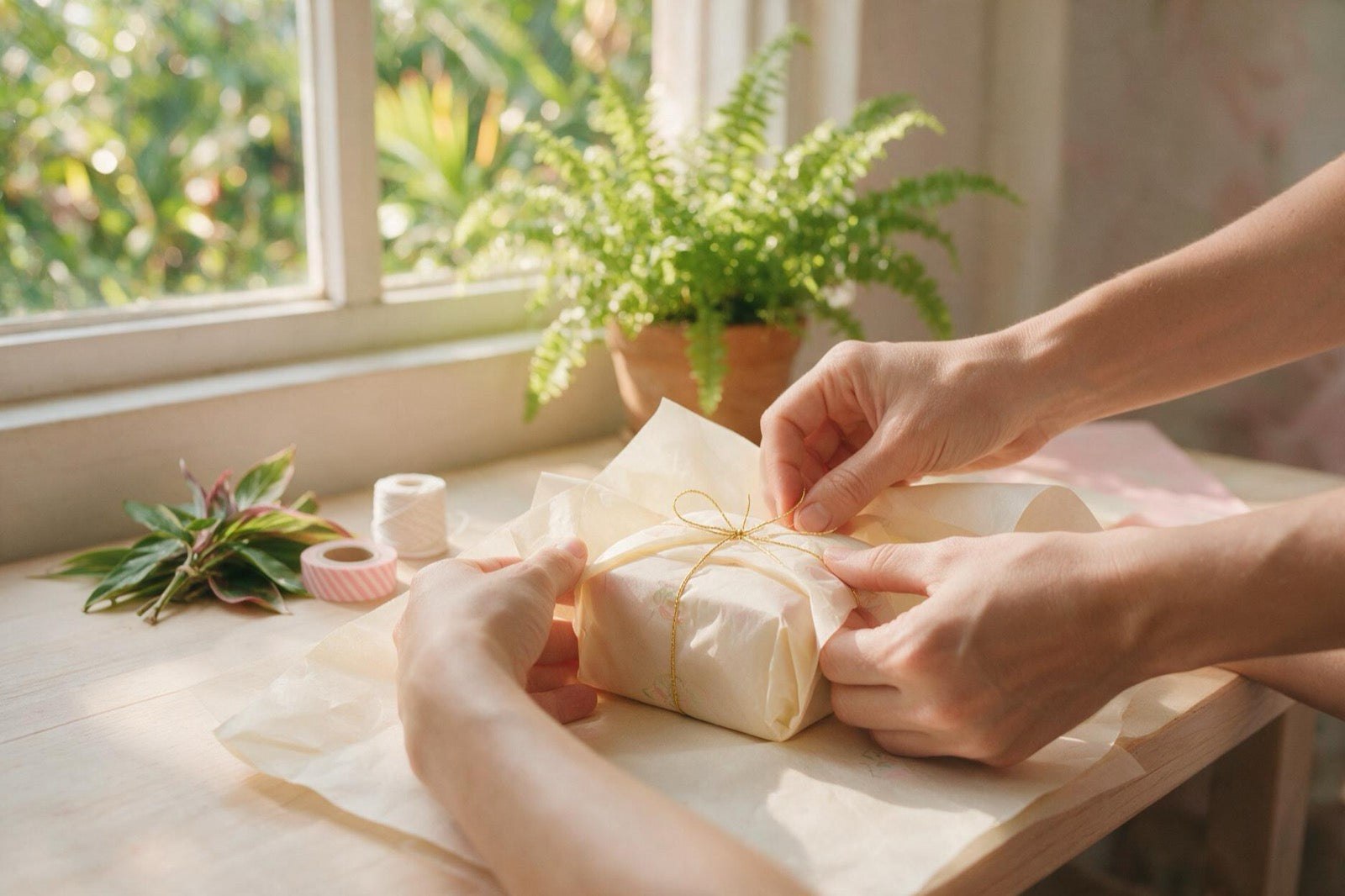 Hands wrapping a parcel in cream tissue and tying it with fine gold thread