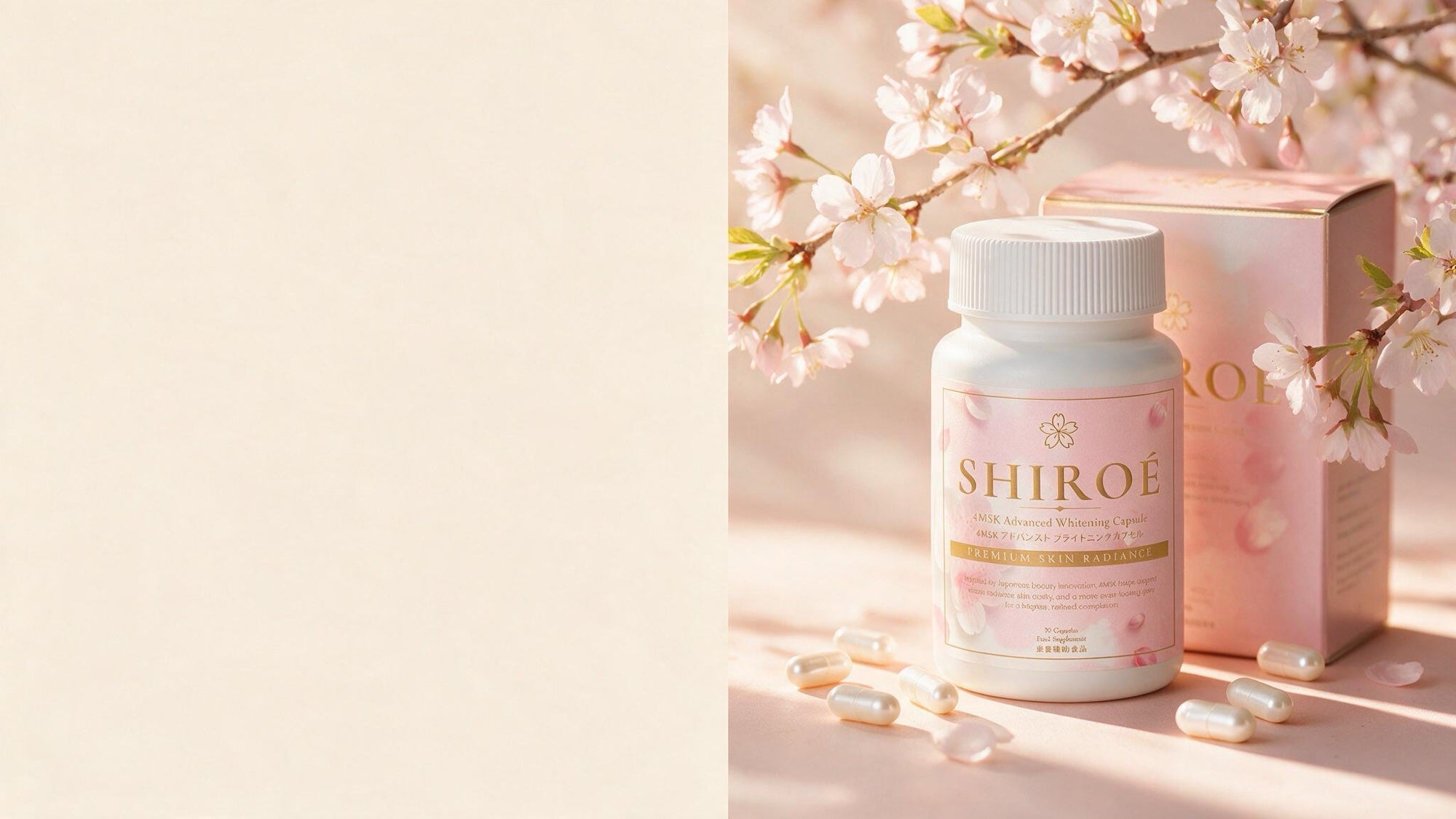 The SHIROÉ 4MSK Advanced Whitening Capsule bottle and box beneath cherry blossom