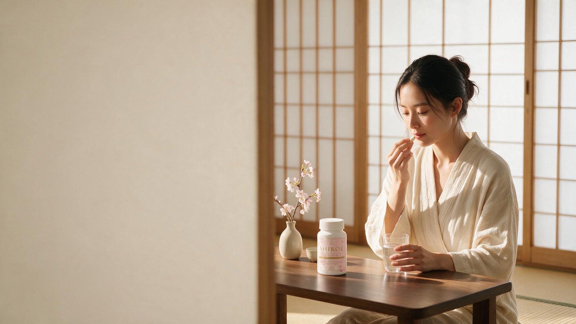 A woman taking a capsule with water at a low table in a sunlit Japanese room