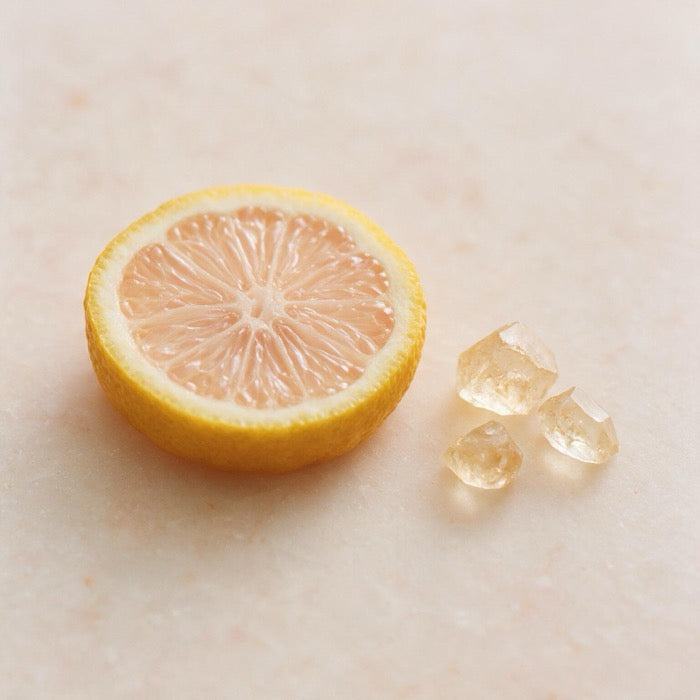A cross-section of fresh yuzu citrus beside pale amber crystals